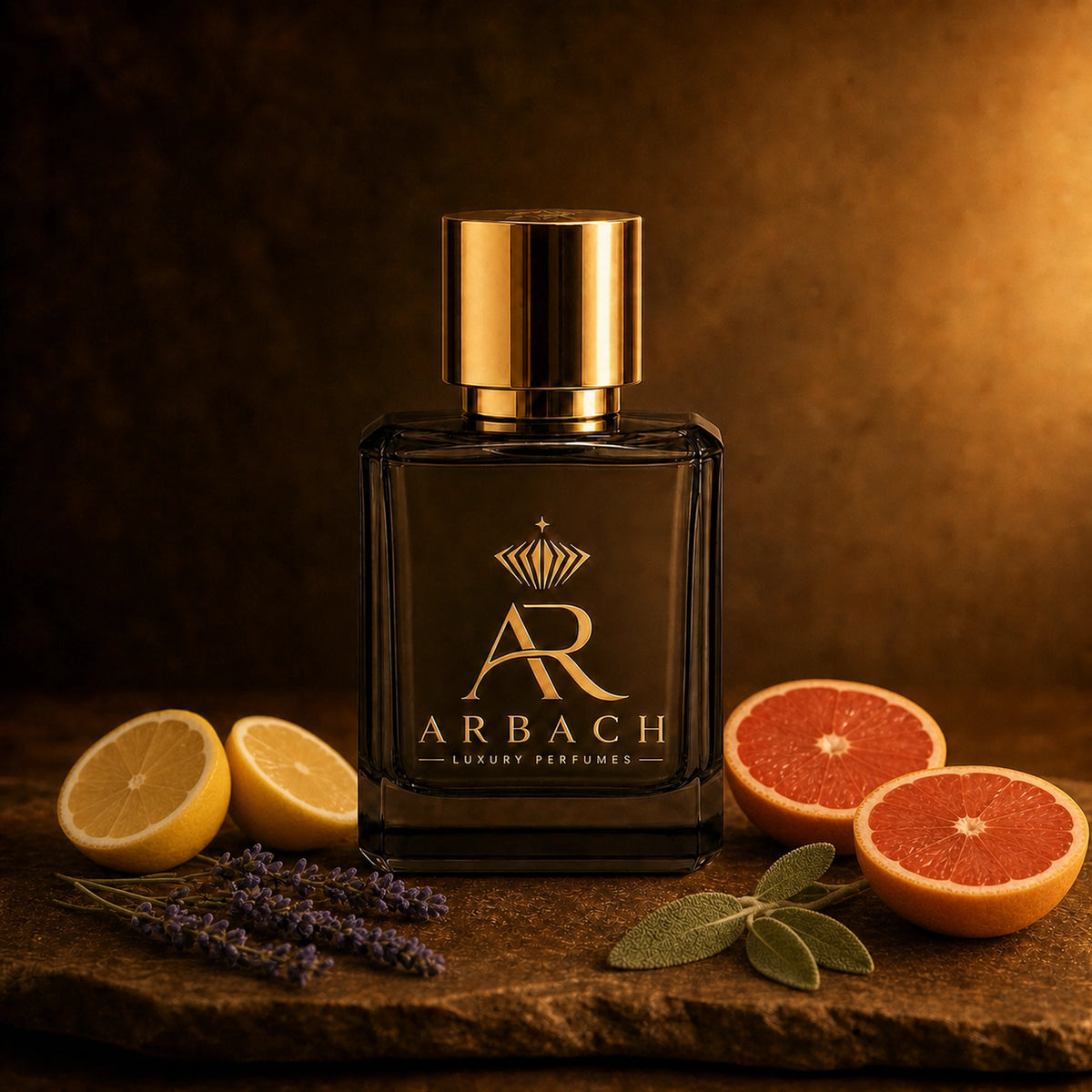 ARBACH Alliage Flakon auf Stein mit halbierter Zitrone, halbierter Grapefruit, Lavendelrispen und einem Salbeizweig