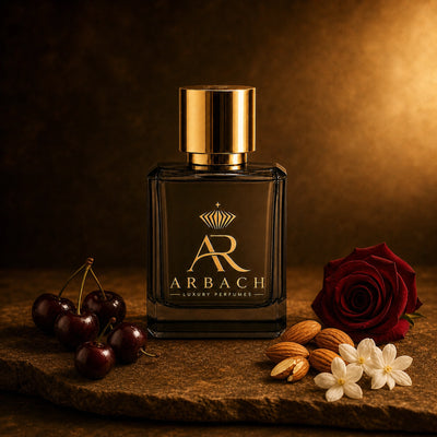 ARBACH Amarena Flakon auf Stein mit dunklen Kirschen, einer dunkelroten Rose, Mandeln und weißen Blüten