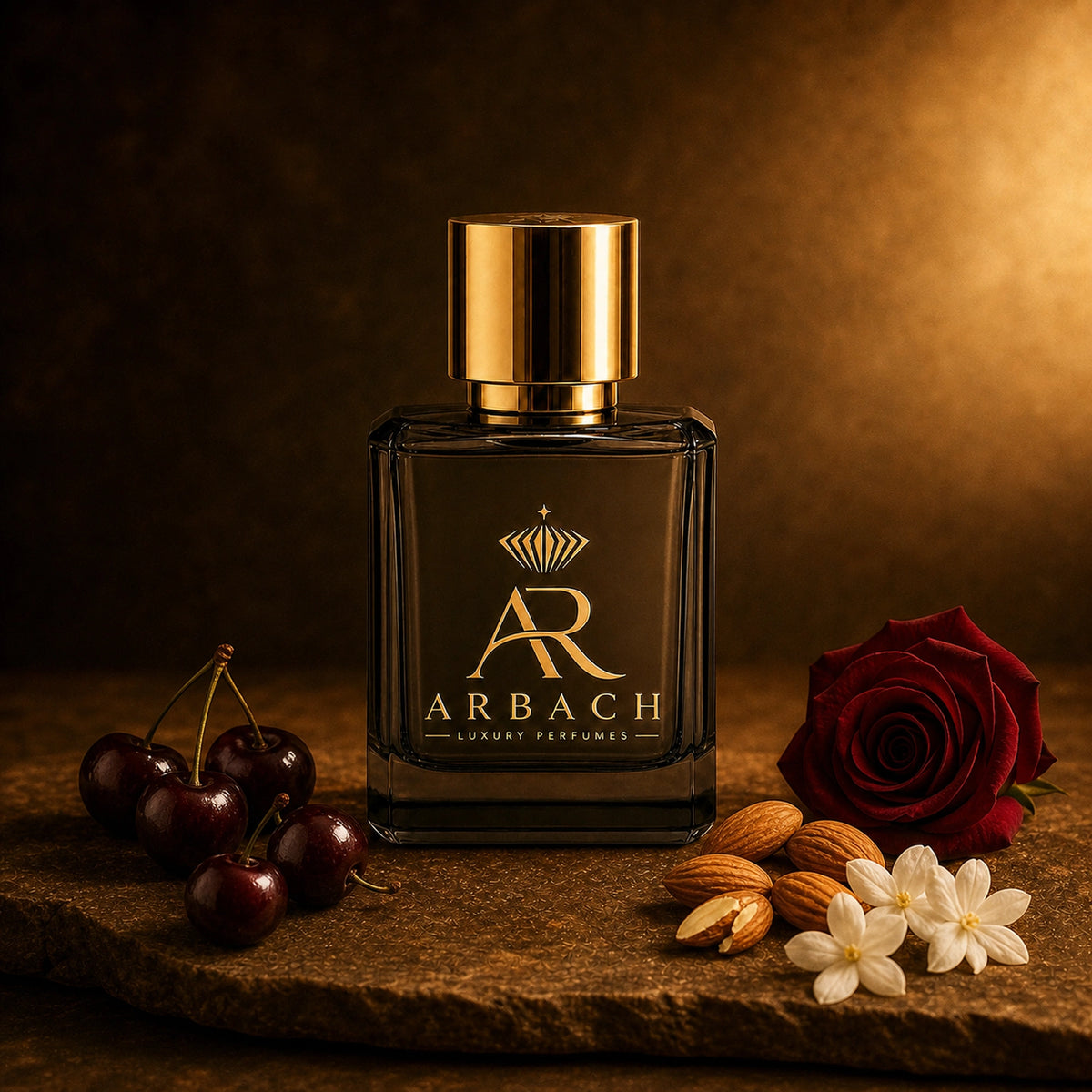 ARBACH Amarena Flakon auf Stein mit dunklen Kirschen, einer dunkelroten Rose, Mandeln und weißen Blüten