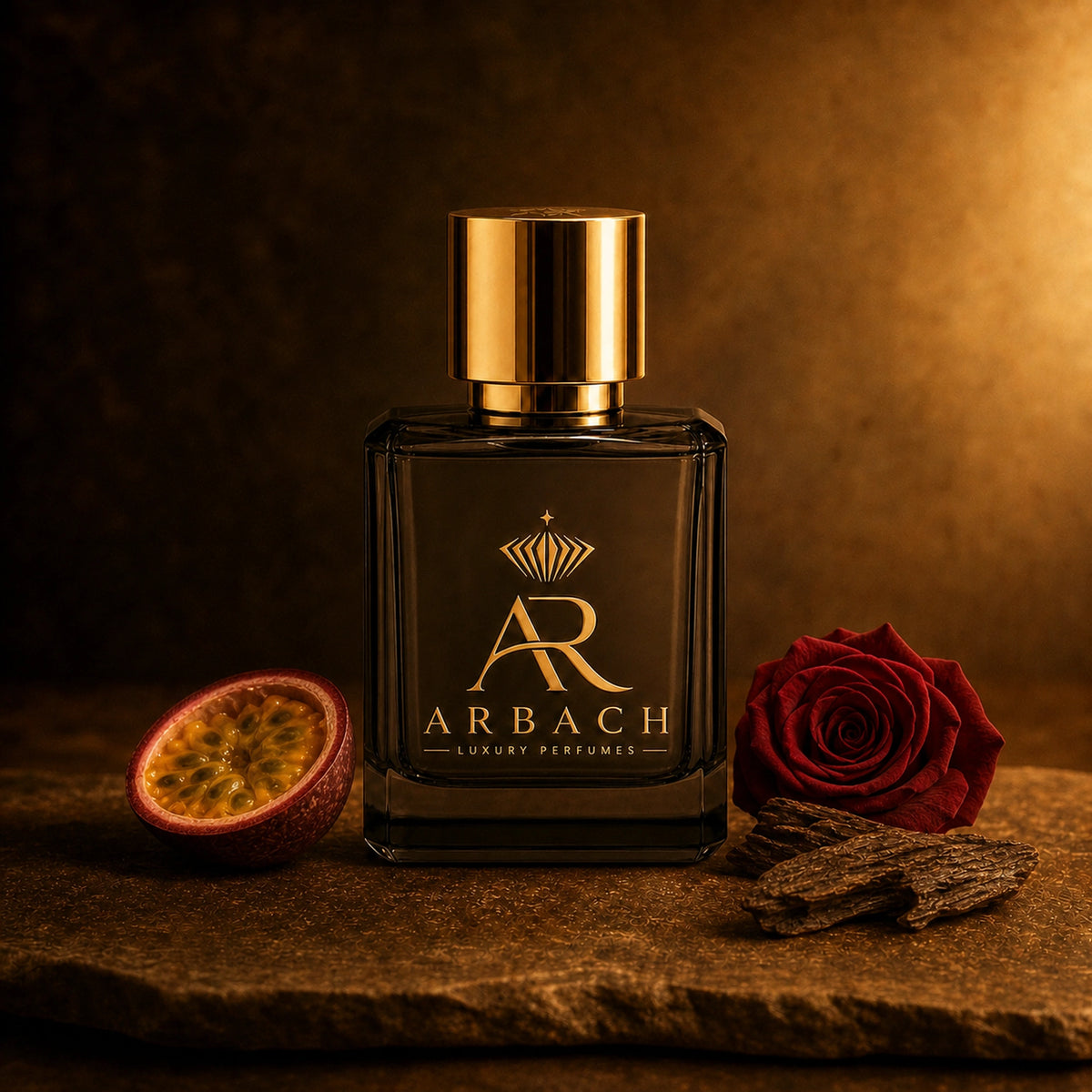 ARBACH Ardente Flakon auf einer Steinplatte, daneben eine halbierte Maracuja, eine dunkelrote Rose und Splitter von Oudholz