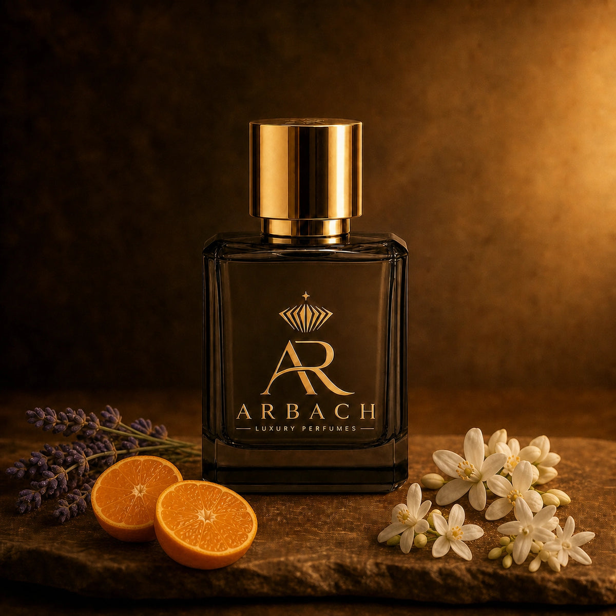 ARBACH Aube Flakon auf Stein mit Lavendel, halbierter Mandarine und weißen Orangenblüten