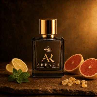ARBACH Azurite Flakon auf Stein mit halbierter Zitrone, einem Minzzweig, halbierter Grapefruit und goldenen Weihrauchkörnern