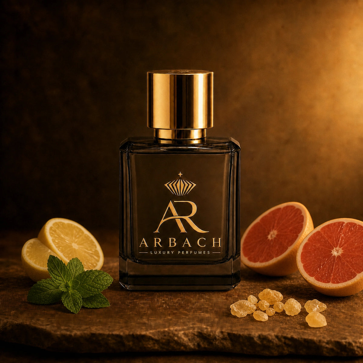 ARBACH Azurite Flakon auf Stein mit halbierter Zitrone, einem Minzzweig, halbierter Grapefruit und goldenen Weihrauchkörnern