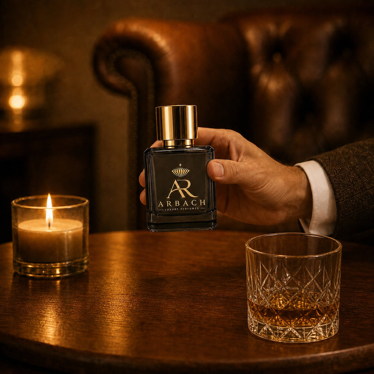 Hand hält den ARBACH Flakon über einem Holztisch im Kerzenlicht, daneben ein Whiskyglas