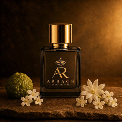 ARBACH Célesta Flakon auf Stein mit einer grünen Bergamotte, weißen Orangenblüten und einer Tuberosenblüte