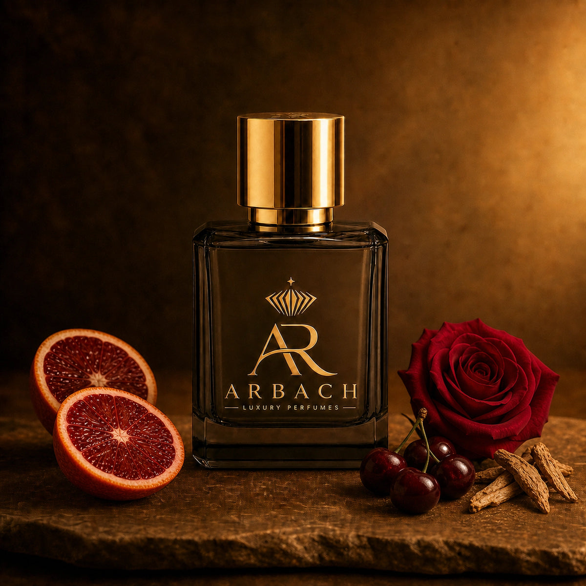 ARBACH Écarlate Flakon auf Stein mit halbierter Blutorange, dunklen Kirschen, einer dunkelroten Rose und hellen Iriswurzelstücken