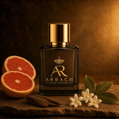 ARBACH Écume Flakon auf Stein mit halbierter Grapefruit, Lorbeerblättern, weißen Jasminblüten und einem Stück dunklem Holz