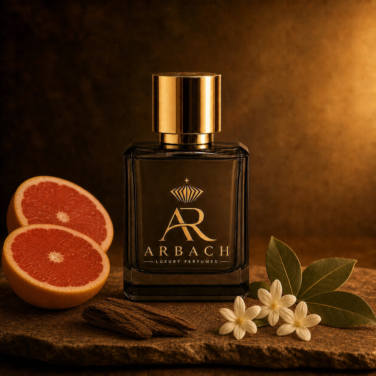 ARBACH Écume Flakon auf Stein mit halbierter Grapefruit, Lorbeerblättern, weißen Jasminblüten und einem Stück dunklem Holz