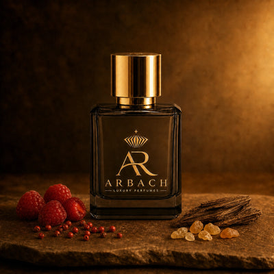 ARBACH Errance Flakon auf Stein mit Himbeeren, rosa Pfefferkörnern, einem Stück Oudholz und goldenen Weihrauchkörnern