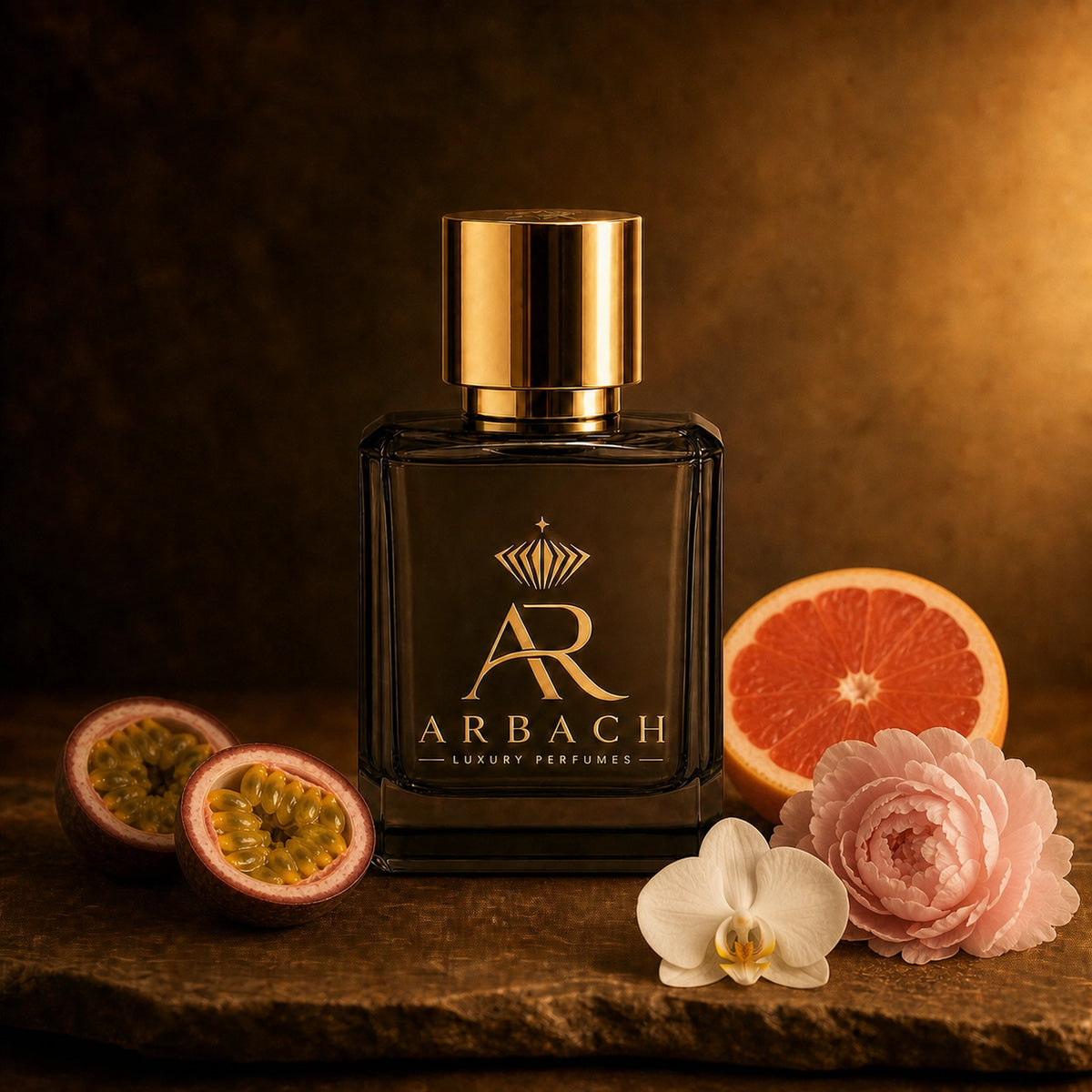 ARBACH Fanfare Flakon auf Stein mit halbierter Passionsfrucht, halbierter Grapefruit, einer weißen Orchidee und einer rosa Pfingstrose