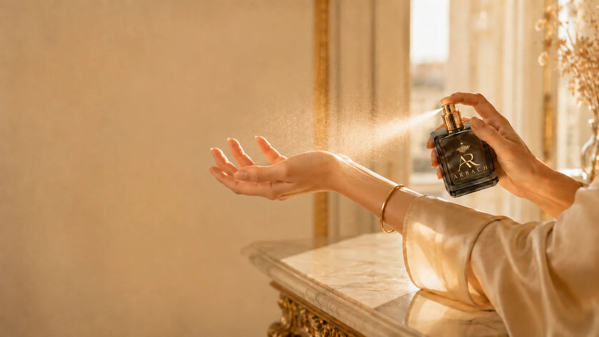Frau sprüht ARBACH Parfum aufs Handgelenk im goldenen Licht eines Wiener Altbaus