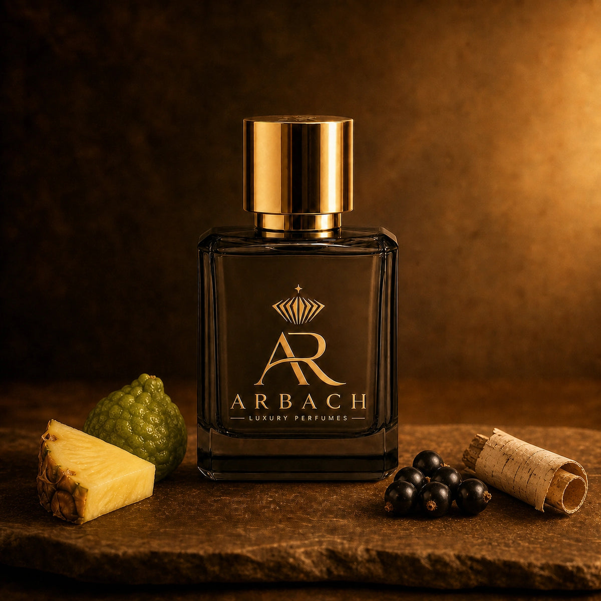 ARBACH Laurier Flakon auf Stein mit einem Stück Ananas, einer grünen Bergamotte, schwarzen Johannisbeeren und einem Stück Birkenrinde
