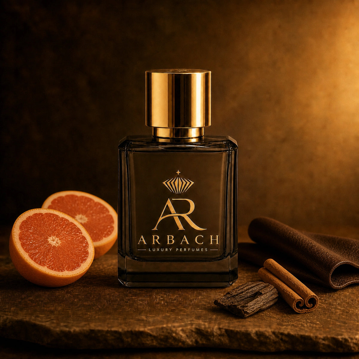 ARBACH Lingot Flakon auf Stein mit halbierter Grapefruit, Zimtstangen, einem Stück Oudholz und gefaltetem dunklem Leder