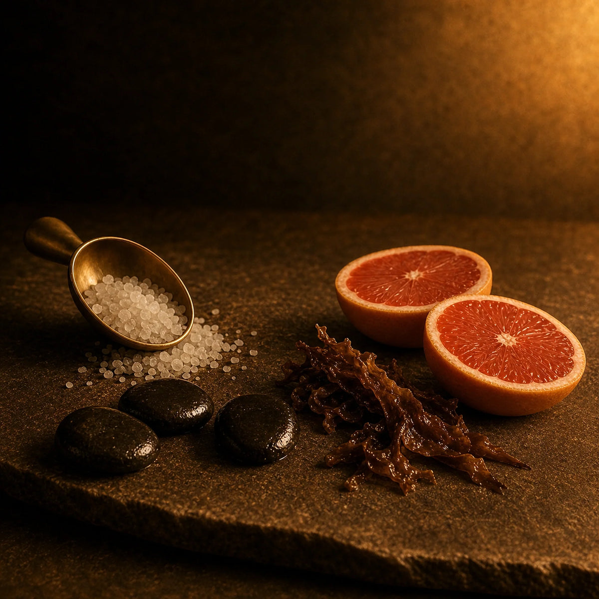 Meersalz in einer Messingschaufel, nasse schwarze Kiesel, eine Alge und halbierte Grapefruit auf dunklem Stein
