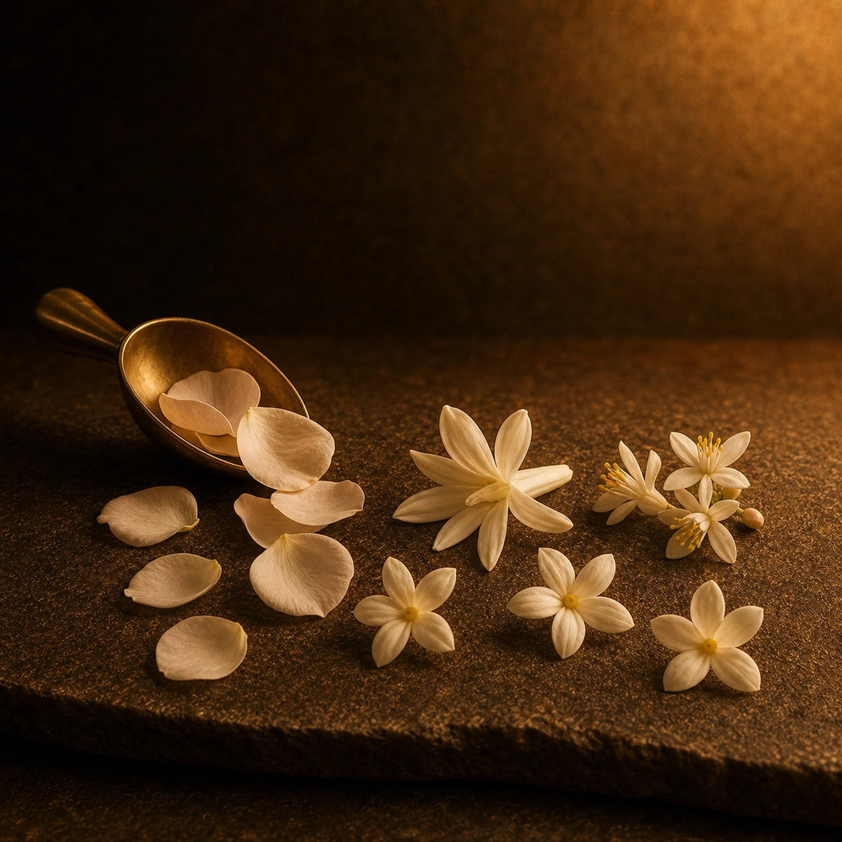 Rosenblätter in einer Messingschaufel, eine Tuberosenblüte und weiße Jasmin- und Orangenblüten auf dunklem Stein