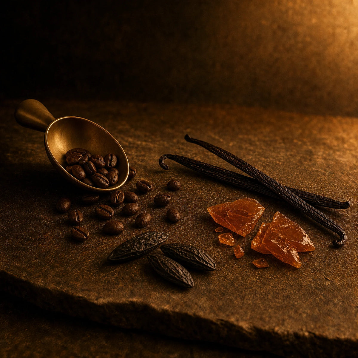 Kaffeebohnen in einer Messingschaufel, Vanilleschoten, Tonkabohnen und bernsteinfarbene Karamellsplitter auf dunklem Stein