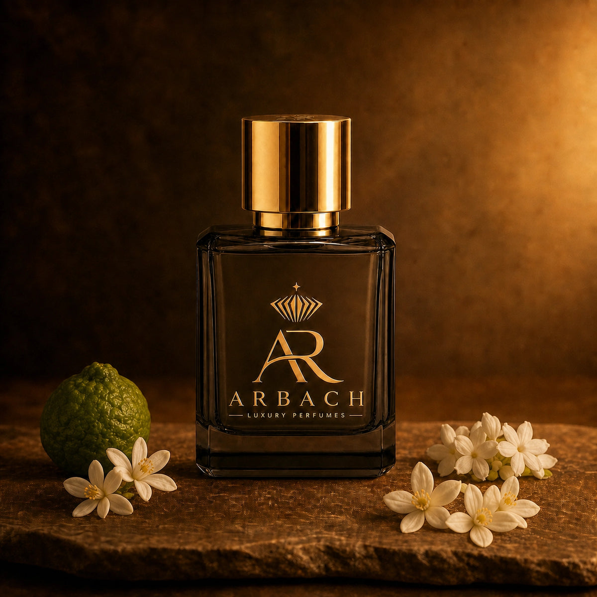 ARBACH Reverie Flakon auf Stein mit einer grünen Bergamotte und weißen Orangenblüten