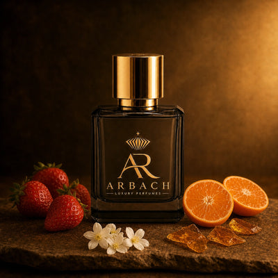 ARBACH Rosine Flakon auf Stein mit Erdbeeren, halbierter Mandarine, weißen Blüten und bernsteinfarbenen Karamellsplittern