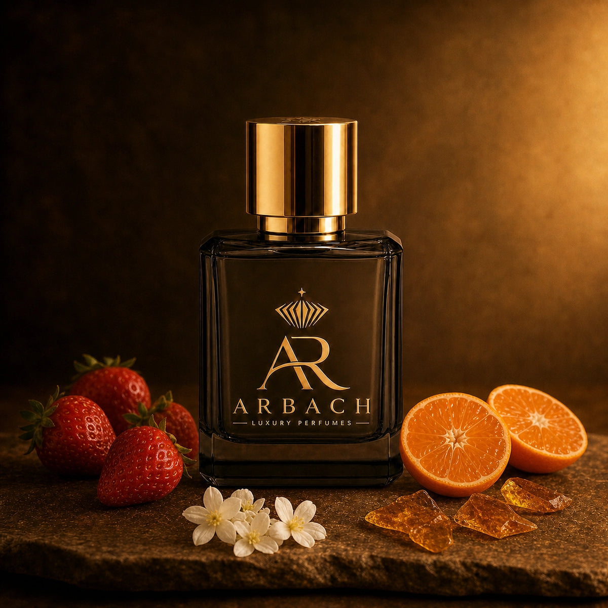 ARBACH Rosine Flakon auf Stein mit Erdbeeren, halbierter Mandarine, weißen Blüten und bernsteinfarbenen Karamellsplittern