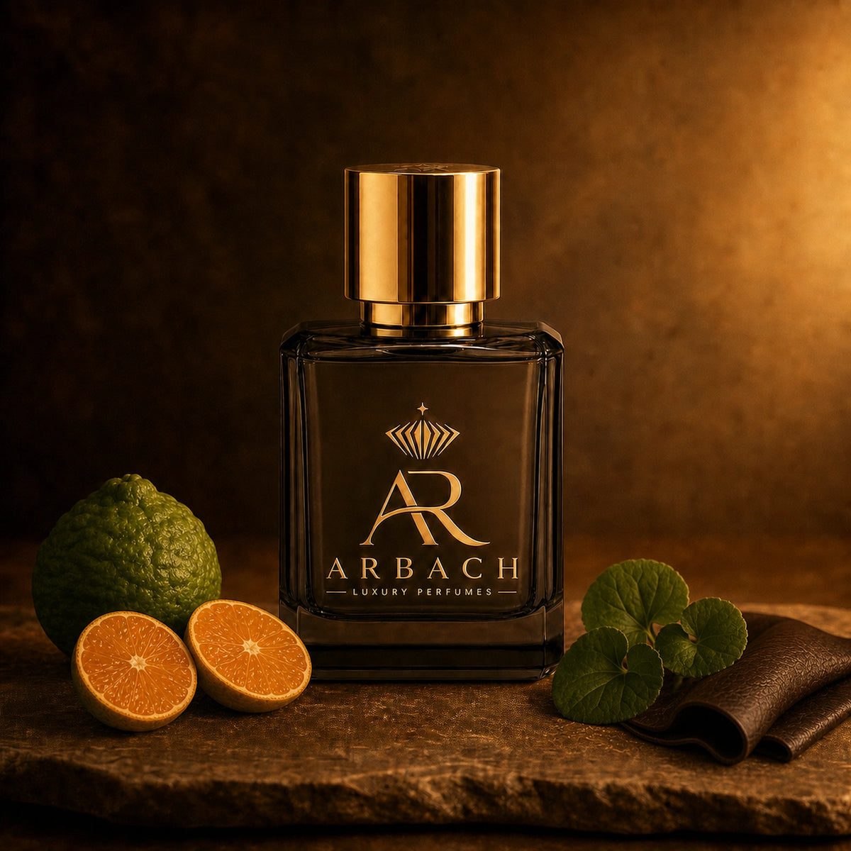 ARBACH Silex Flakon auf Stein mit einer grünen Bergamotte, halbierter Mandarine, Veilchenblättern und gefaltetem dunklem Leder