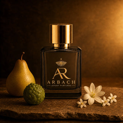 ARBACH Tacite Flakon auf Stein mit einer Birne, einer grünen Bergamotte, einer Tuberosenblüte und weißen Orangenblüten