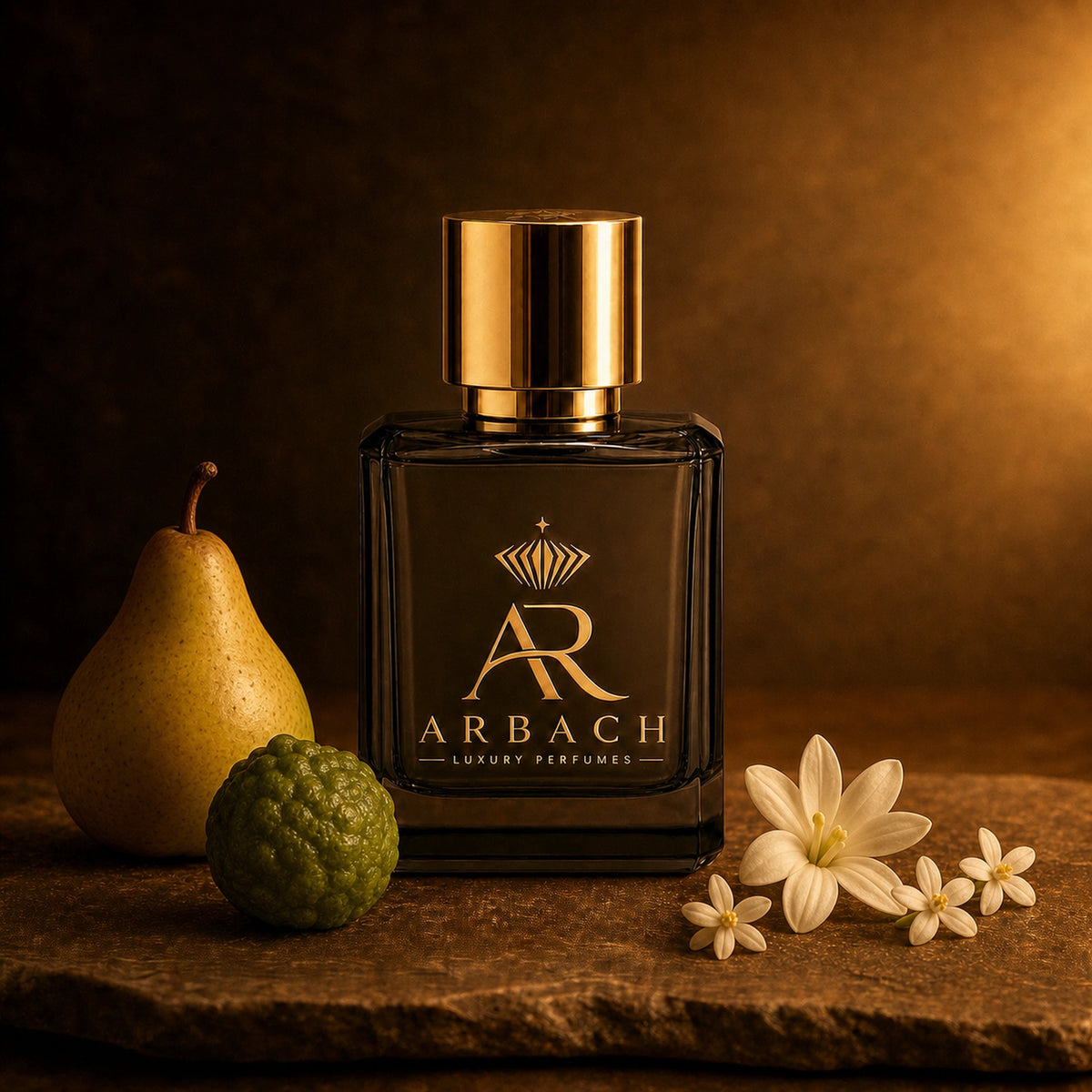 ARBACH Tacite Flakon auf Stein mit einer Birne, einer grünen Bergamotte, einer Tuberosenblüte und weißen Orangenblüten