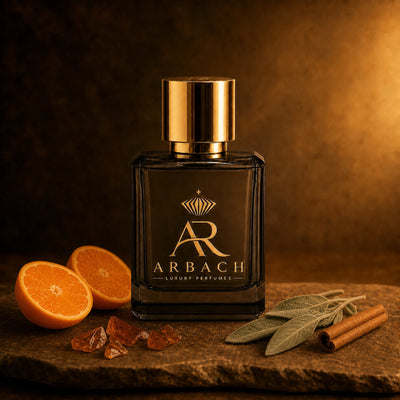 ARBACH Tumulte Flakon auf Stein mit halbierter Mandarine, bernsteinfarbenen Karamellsplittern, Salbeiblättern und Zimtstangen
