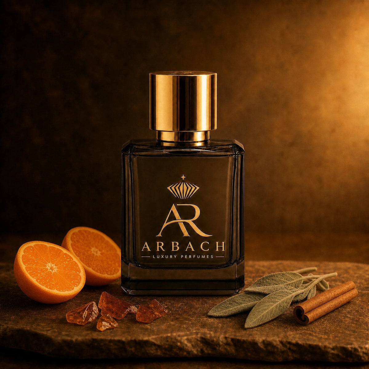 ARBACH Tumulte Flakon auf Stein mit halbierter Mandarine, bernsteinfarbenen Karamellsplittern, Salbeiblättern und Zimtstangen