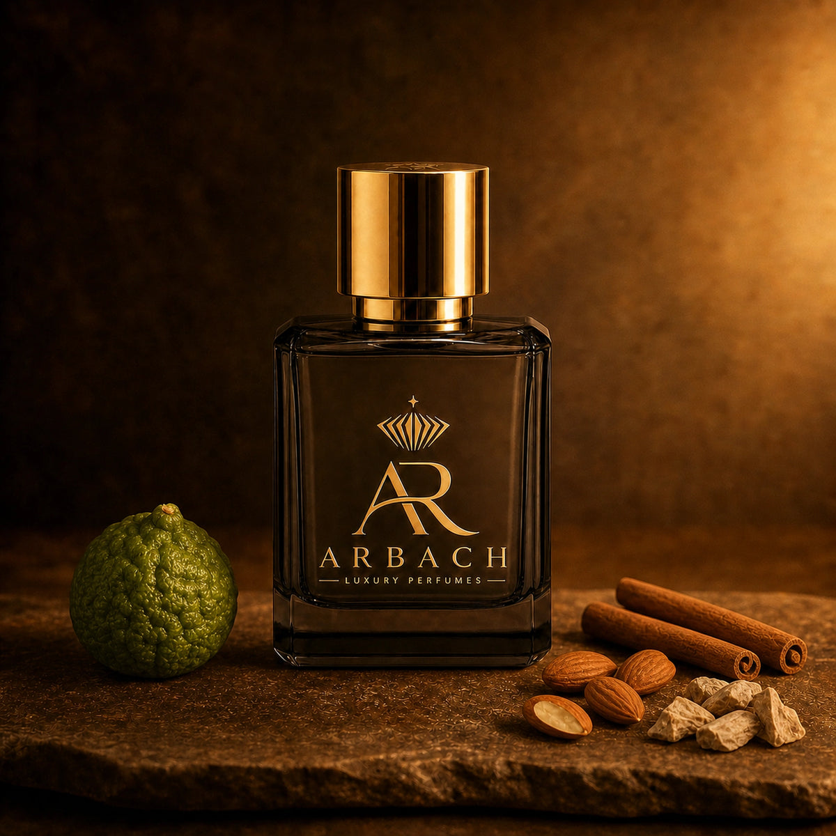 ARBACH Véga Flakon auf Stein mit einer grünen Bergamotte, Zimtstangen, Mandeln, davon eine aufgebrochen, und hellen Iriswurzelstücken