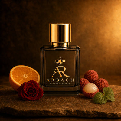 ARBACH Vespère Flakon auf einer Steinplatte, daneben eine halbierte Orange, eine rote Rose und Litschis, eine davon geschält