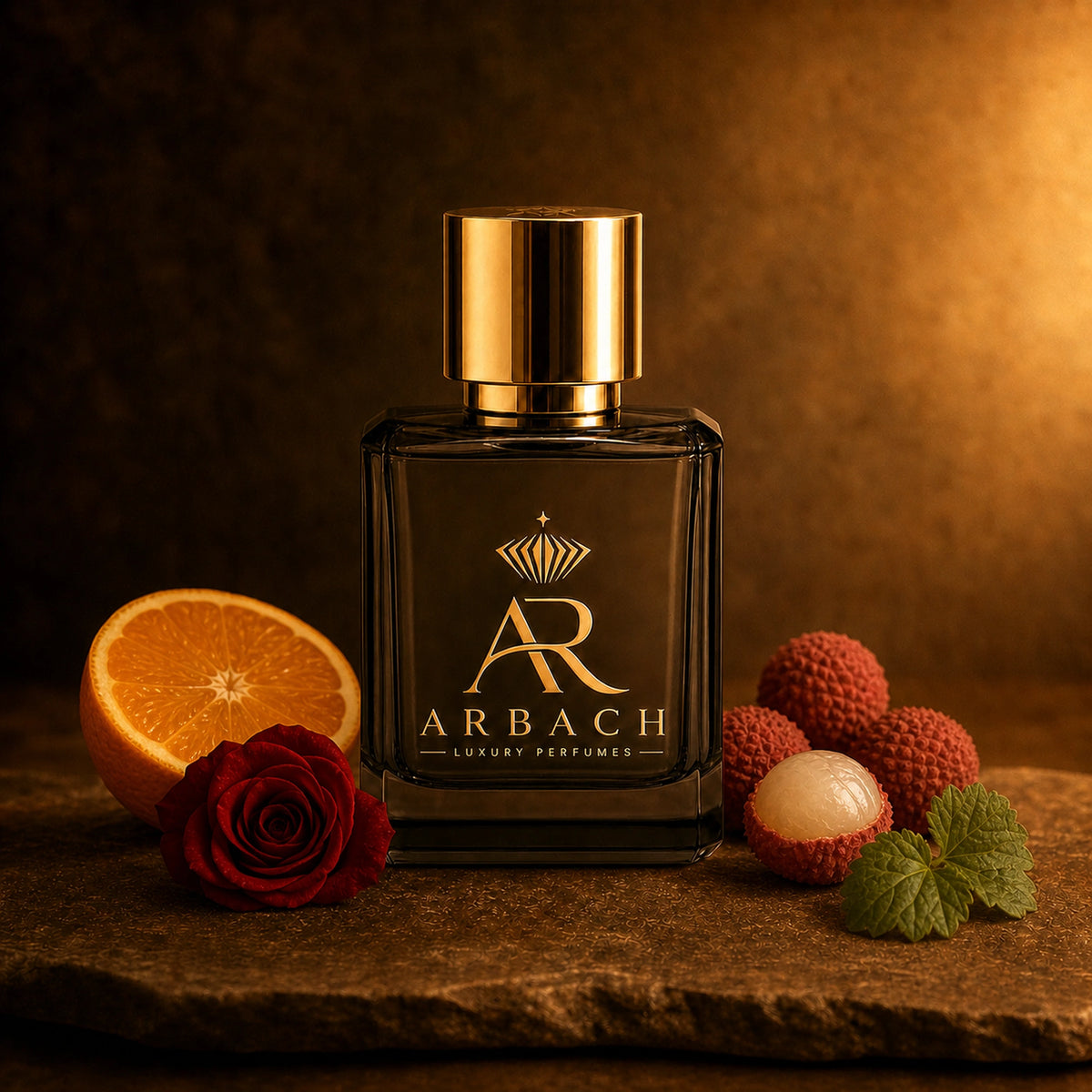 ARBACH Vespère Flakon auf einer Steinplatte, daneben eine halbierte Orange, eine rote Rose und Litschis, eine davon geschält