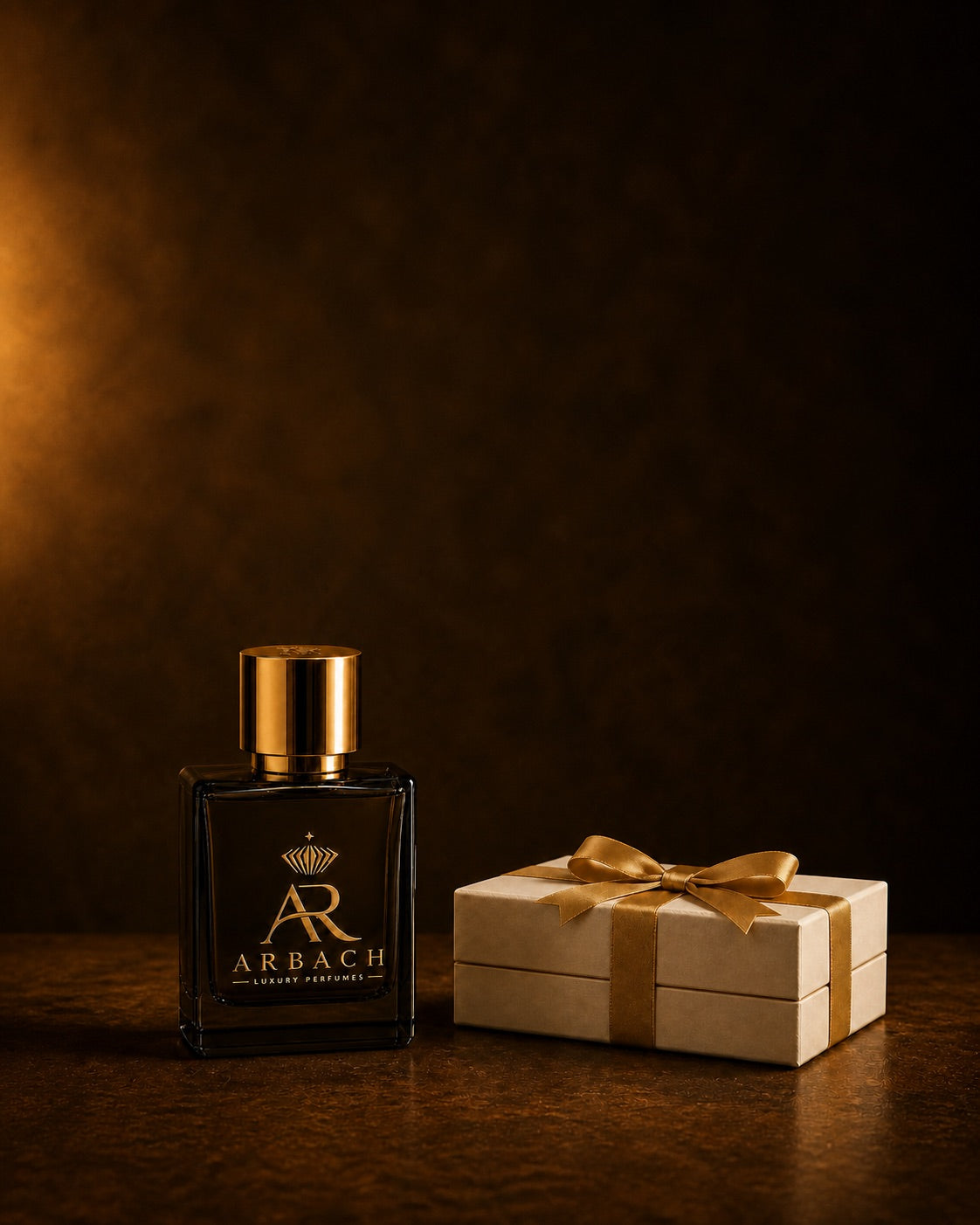 ARBACH-Flakon aus dunklem Rauchglas mit Goldkappe, daneben eine ivoryfarbene Geschenkbox mit Goldband, warmes Seitenlicht vor dunkelbraunem Grund