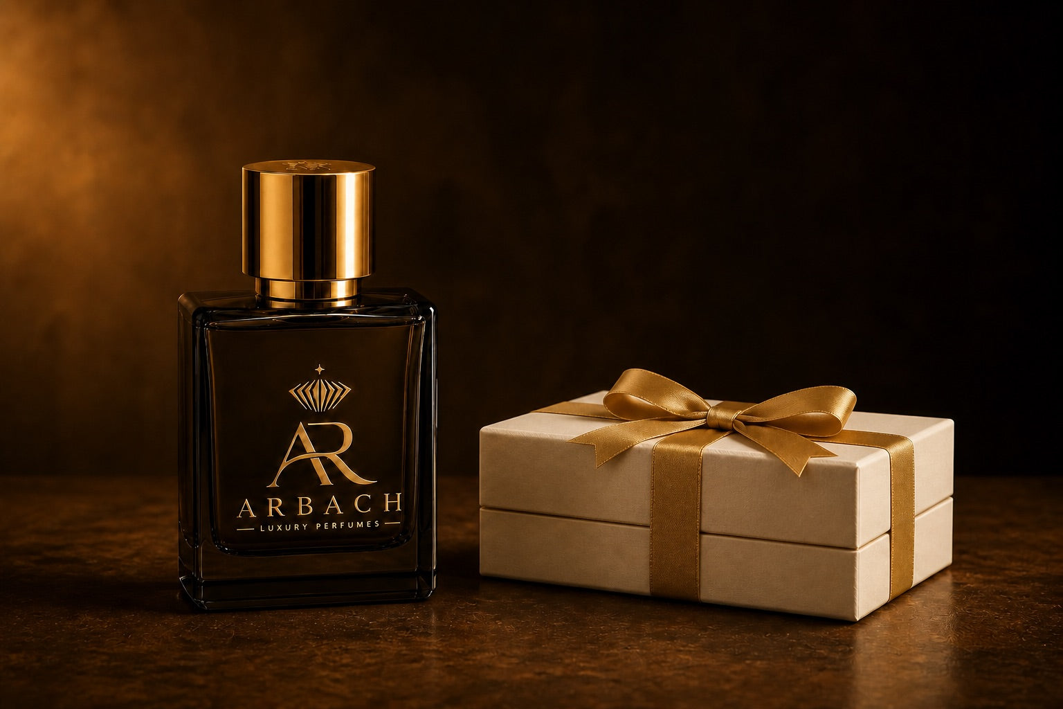 ARBACH-Flakon aus dunklem Rauchglas mit Goldkappe, daneben eine ivoryfarbene Geschenkbox mit Goldband, warmes Seitenlicht vor dunkelbraunem Grund